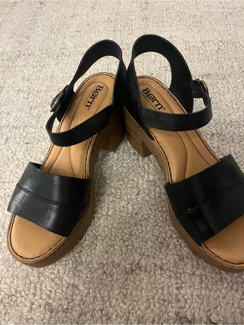 Born Black Leather Platform Wedge Sandals with Tan Footbed